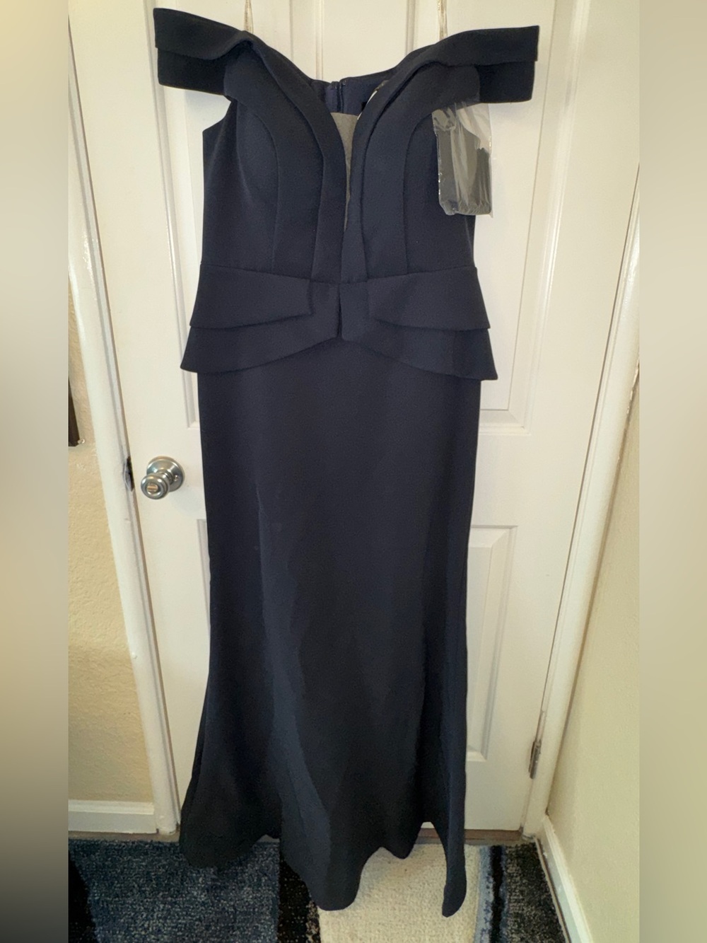 Alexander by Daymor Off Shoulder Navy Formal Gown with Peplum Detail